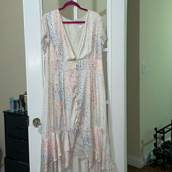 Anthropologie Hutch rainbow heart high lo maxi satin front button v neck dress - Picture 4 of 13